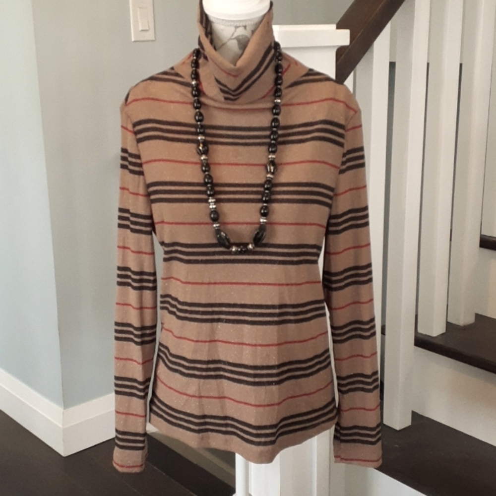 + Shimmery gold cowl neck sweater w black & red stripes